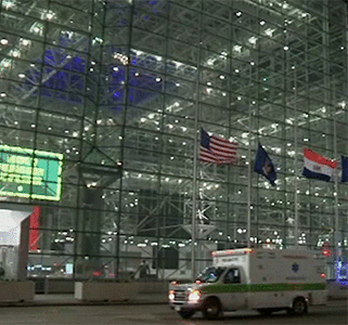 Exterior of Javits Field Hospital building in New York
