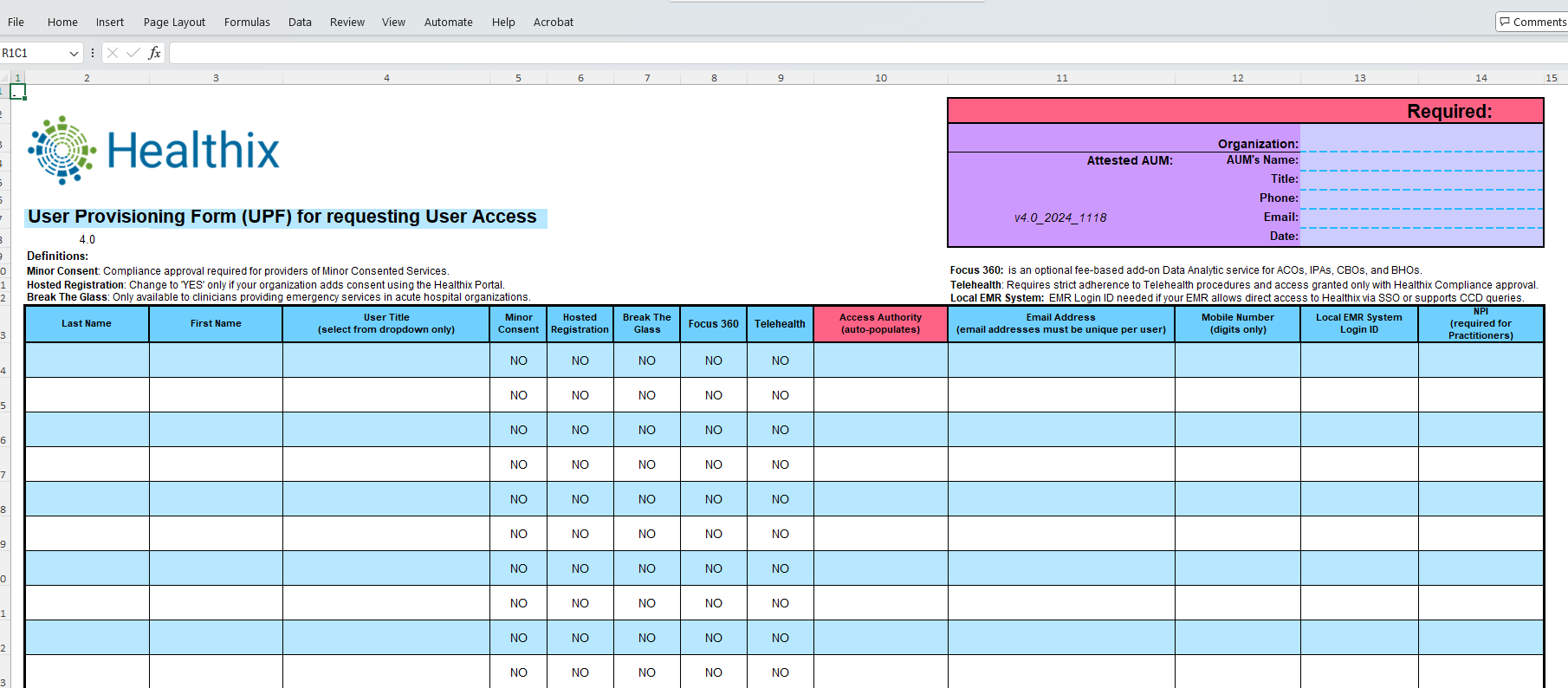 Screen shot of User Provisioning Form in Excel