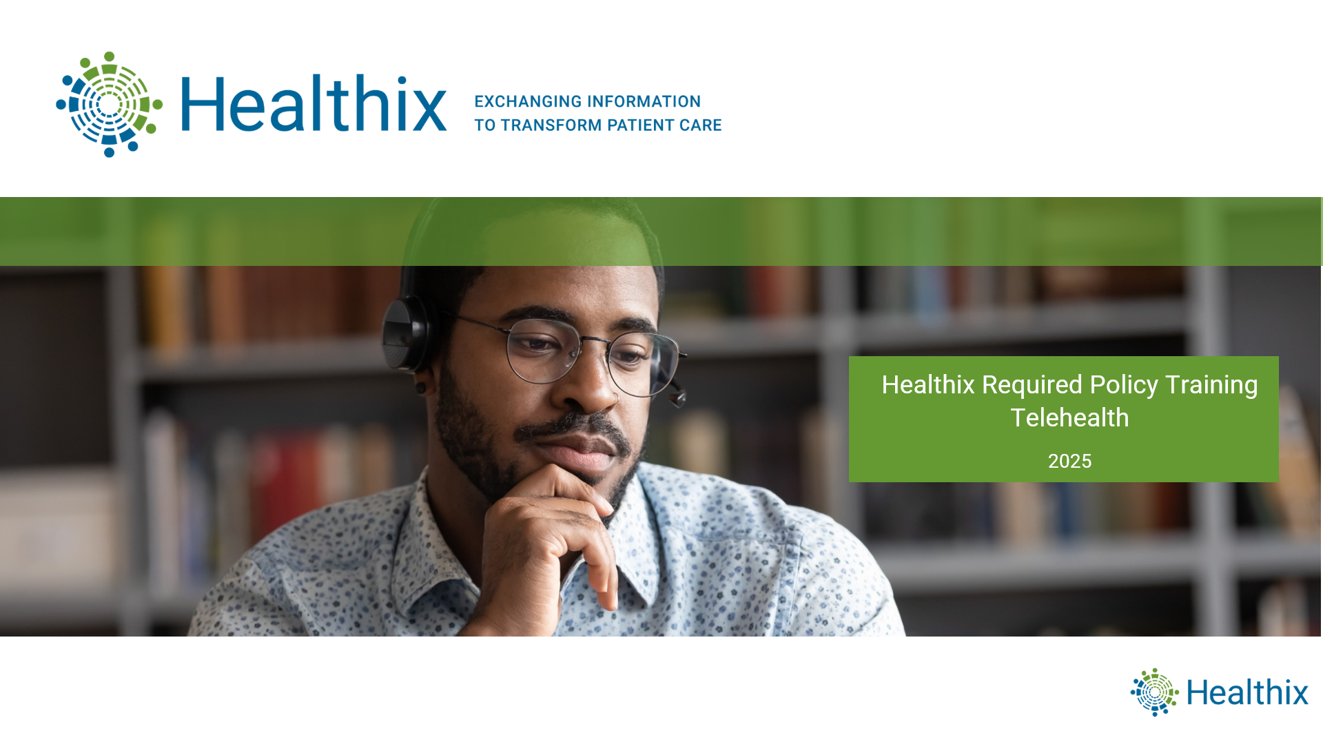 Man looking at a computer with head sets on. Healthix Telehealth Training PDF